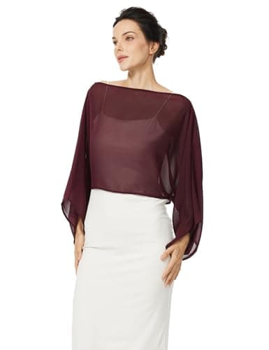BEAUZSUZSANA Women Chiffon Bolero Cape Capelets with Arm Holes Shawls and Wraps for Evening Dress Bridal Wedding Party (Cabernet,L-XL) - Thumbnail 2