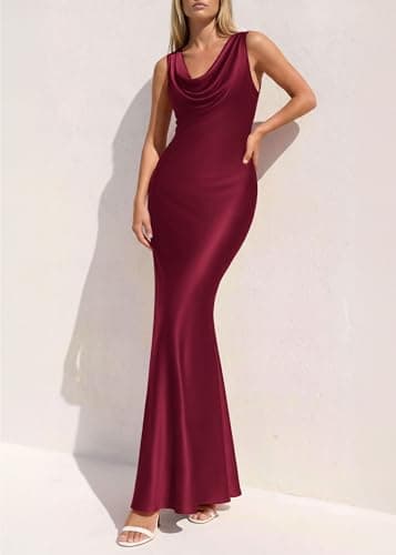 KIRUNDO Womens Summer Cowl Neck Sleeveless Satin Maxi Dress Elegant Bodycon Cocktail Wedding Guest Party Long Dresses(Burgundy, Large) - Thumbnail 3