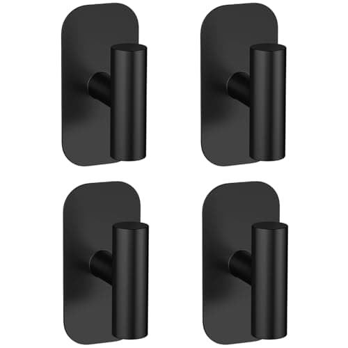 IMUMU Adhesive Towel Hooks for Shower,Waterproof Heavy Duty Bathroom Hooks,Wall Mounted Sticky Hangers for Coats/Aprons/Robes,No Drilling(Black,4 Pack) - Image 1