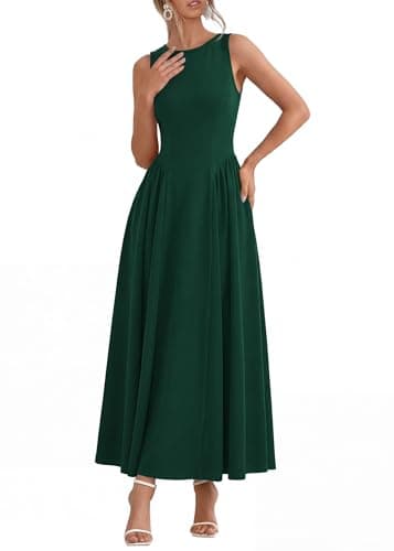 KIRUNDO Wedding Guest Dresses for Women 2026 Summer Semi Formal Work Sleeveless Elegant Boat Neck Flowy A Line Maxi Dress(Dark Green, X-Large) - Image 1