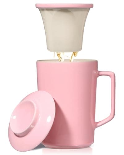 15 OZ Porcelain Tea Infuser Cup with Lid,Ceramic Tea Mug with All-Porcelain Strainer for Loose Leaf Teas,Microwave and Dishwasher Safe Tea Mug,Metal-Free,BPA-Free for Tea-Lover/Birthday Day(Pink)