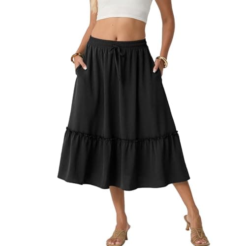 FREEOAK Women's Printed High Waisted A-Line Midi Skirt Flowy Summer Boho Style with Pockets and Elastic Waist for Beach Vacation A - Black - Image 1