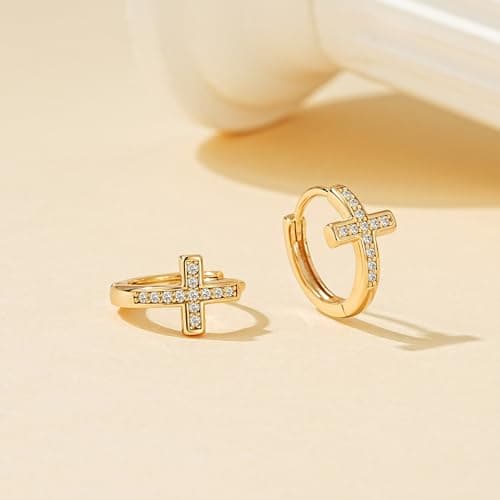 LOYATA Gold Cross Earrings for Women-14K Gold Plated Small Hoop Huggie Earrings Dainty Trendy CZ Cross Hoop Earring Cute Hypoallergenic Hoops Jewelry Gifts for Women Mothers Day Gifts for Mom - Thumbnail 6