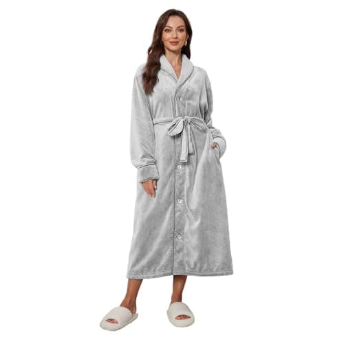 RONGTAI Women's Plush Fleece Robe with Buttons - Extra Long & Plus Size Winter Bathrobe for Women, Cozy Hooded Loungewear (US, Alpha, Small, Regular, Regular, Grey) - Image 1