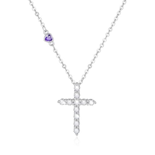 Cross Birthstone Necklace for Women, 18K Gold Plated 925 Sterling Silver February Birthstone Cubic Zirconia Cross Pendant, Sparkling Christian Faith Jewelry Gift for Women, Baptism Easter Birthday - Image 1