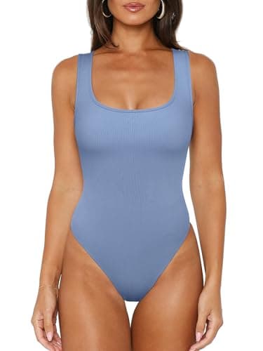 REORIA Tank Top Bodysuits for Women Ribbed Scoop Neck Sleeveless Slimming Basic Body Suit Tops Going Out Outfits 2026 Summer Blue Small - Image 1
