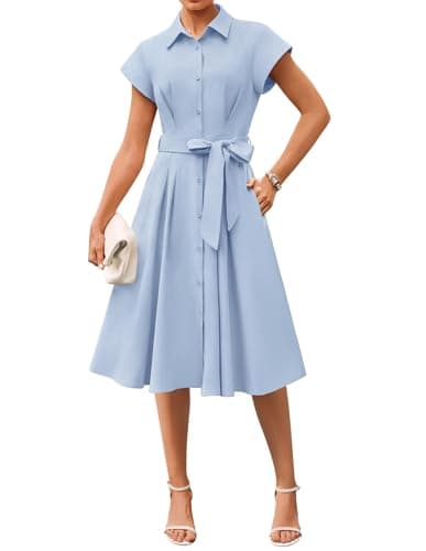 GRACE KARIN Womens Short Sleeve Shirt Dresses 2026 Summer Midi Button Down Dress Work Business Casual Dress with Pockets Blue L - Image 1