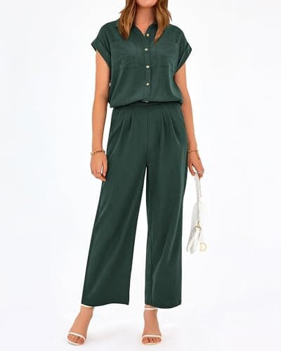 PRETTYGARDEN Womens 2 Piece sets Summer Cap Sleeve Tops Palazzo Pants Dressy Casual Vacation Travel Outfits Tracksuits(Dark Green,X-Large) - Thumbnail 5