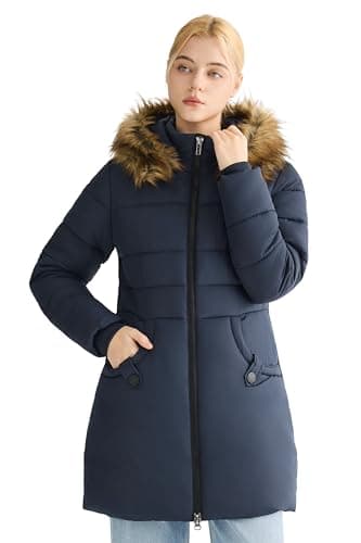 Orolay Winter Coats Women Long Puffer Jacket Windproof Warm Down Coat Parka with Faux Fur Hood, Navyblue, Large - Image 1