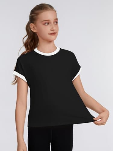 ZDC Girls Athletic Shirts Kids Summer Short Sleeve Workout T Shirt Quick Dry Tops Color Block Gym Yoga Tee Black - Thumbnail 3