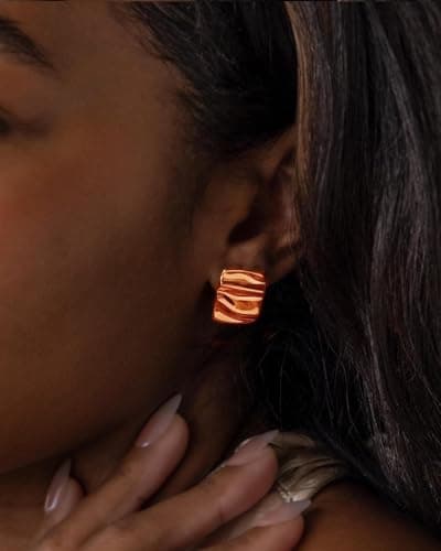 UANNEAU Rose Gold Chunky Earrings for Women Trendy, 14K Plated Gold Dainty Wavy Square Earrings Statement Minimalist Hypoallergenic Stud Earrings - Thumbnail 4