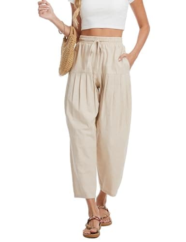 DAOAO Cotton Linen Barrel Pants Women Wide Leg Hippie Boho Casual Loose Harem Pants Pleated Pull On Elastic Waist Apricot S - Image 1