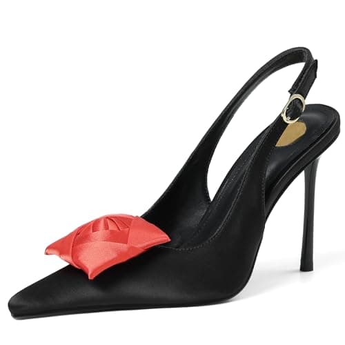 Atsroel Slingback High Heels for Women Pointed Toe Buckle Floral Knot Pumps Silk Stiletto Heels Comfortable Dressy Wedding Heeled Shoes Black Heels