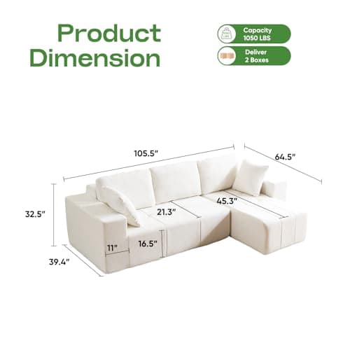 Cloud Modular Sectional Sofa, Chenille Upholstered L-Shape Boneless Couch with Right Facing Chaise, Sturdy Frame & Soft Deep Seat Cushions, Sectional Couch for Living Room, No Assembly, Beige - Thumbnail 2