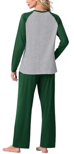 PrinStory Women's Pajamas Set Sleepwear Pjs loose-fit Long Sleeve Crewneck Shirts and Pant Soft Comfy Sleep Sets Dark Green S - Thumbnail 6