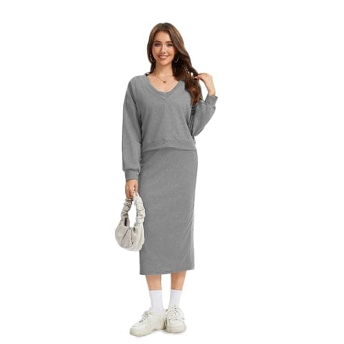 Anyshe Women's 2 Piece Matching Knit Sweater Set, Long Sleeve V-Neck Top with Maxi Skirt, Effortless Style for Vacation - Thumbnail 2