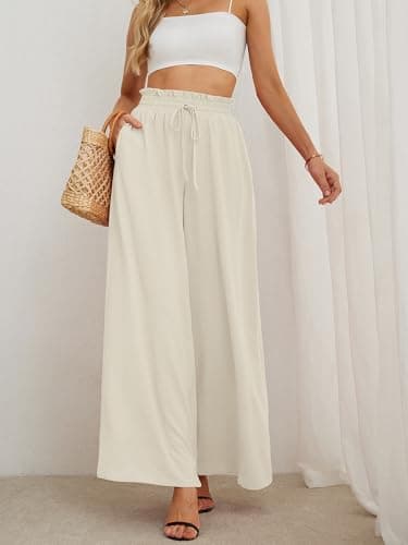 AusLook Women's Wide Leg Dress Pants with Pockets Ivory Large Lightweight Elastic High Waisted Adjustable Tie Knot Flowy Loose Slacks Lounge Casual Ladies Beach Pleated Trousers - Thumbnail 2