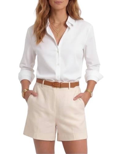 OctMoon Button Down Shirts for Women - Long Sleeve Pearl Button Blouses for Women, Dressy Casual Tops for Work Office & Everyday Wear (White)-M - Image 1