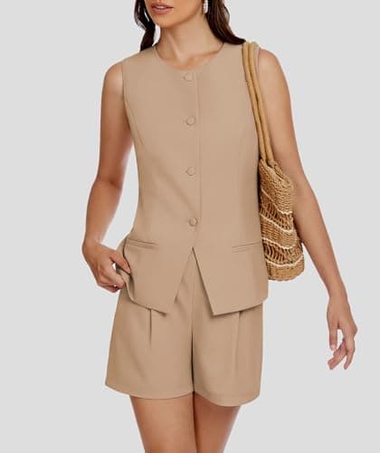 Casly Lamiit Two Piece Outfits for Women Short Sets Summer Business Casual Sleeveless Vest High Waisted Suits Dressy Work Clothing Khaki S - Thumbnail 5