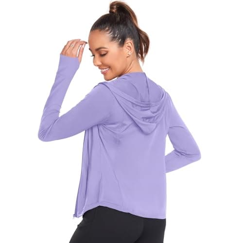 AGVNG Womens UPF 50+ Long Sleeve Hooded Sun Jackets Lightweight Sun Protection Clothing SPF Cooling Shirts Workout Athletic Hiking Running Tops Thumb Hole Purple L - Thumbnail 4