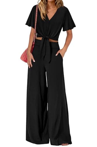 PRETTYGARDEN Women 2 Piece Summer Outfits Short Sleeve Strappy Top Wide Leg Pants Tracksuit Lounge Sets Beach Clothes(Black,X-Large) - Image 1