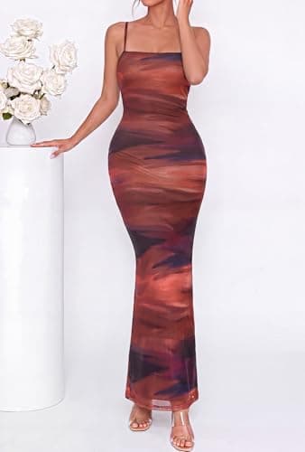 BTFBM Womens Summer Maxi Dress 2026 Floral Mesh Spaghetti Straps Sleeveless Sexy Bodycon Wedding Cocktail Party Dresses(Dark Red Print, XX-Large) - Thumbnail 5