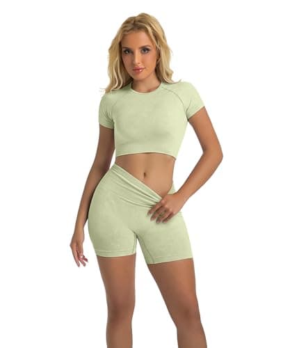 YOAKUKA Women's 4 Piece Workout Sets Seamless Acid Wash Yoga Outfits with Short Sleeve Top Sports Bra Biker Shorts High Waist Leggings Active Set - Thumbnail 6