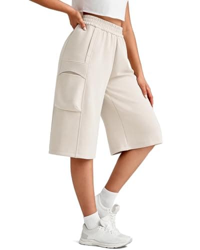 G4Free Wide Leg Sweatpants Pants for Women with Cargo Pockets High Elastic Waist Loose Casual Capri Pants for Summer(Ivory,L,13") - Image 1