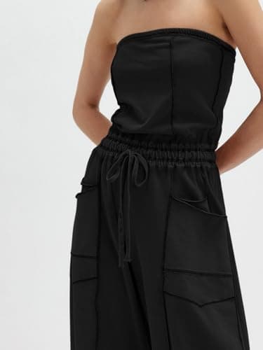Sexyasasii One Piece Jumpsuits for Women Strapless Off Shoulder Long Wide Leg Pants Drawstring Summer Casual Tube Top Jumpsuit with Pockets - Thumbnail 4