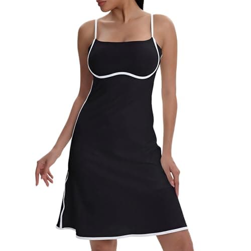 VIPARK Womens Tennis Dress Black White Contrast A-Line Athletic Dress with Built-in Shorts Removable Padding Adjustable Straps Side Pocket Sleeveless Workout Golf Mini Dress - Image 1