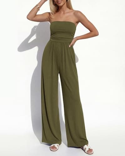 BTFBM Jumpsuits For Women Summer 2026 Beach Vacation Strapless Tube Top Jumpsuit Ruched Casual Wide Leg Pant Rompers(Army Green, Large) - Thumbnail 5
