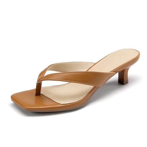 Athlefit Women's Kitten Heels Flip Flops Square Open Toe Low Heels Slip On Comfortable Casual Thong Slide Sandals Tan Size 8.5 - Image 1