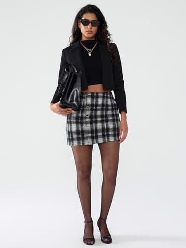 EXLURA Womens Faux Wool Plaid Mini Skirt Elastic High Waisted Tweed Skirts Button Bodycon Skirt Fall Winter Outfit Pocket - Thumbnail 3