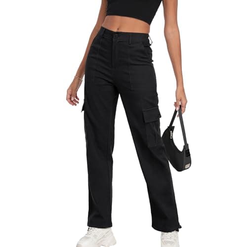 FREEOAK High-Waist Stretch Cargo Pants for Women Y2K Baggy Style with Zipper Pockets Straight Leg Trousers for Casual Wear A - Black - Image 1
