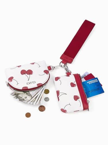 CLUCI Keychain Wallet for Women PU Leather Coin Purse Detachable Dual Pouch Wristlet Wallet Zipper Pocket Cherry Print - Thumbnail 6