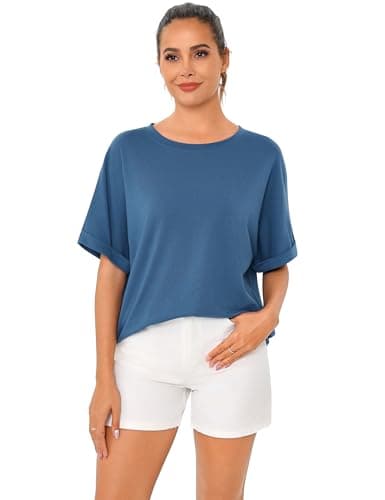 Totatuit Women Oversized T Shirts Vintage Basic Crewneck Boyfriend Tees Loose Fit Baggy Grunge Shirts Cotton Maternity Tops Blue Medium - Thumbnail 4