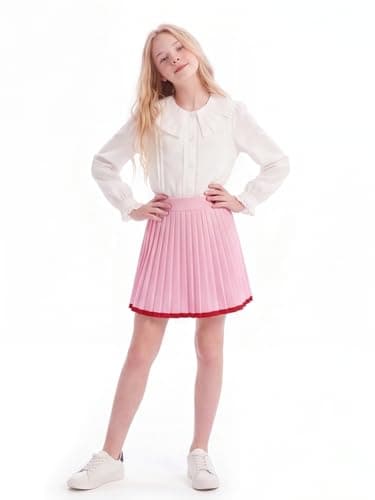 Girls Pink Knit Pleated Skirt with Red Trim, Elastic Waist Sweet Style Skirt for Teens 6-16Y - Thumbnail 2