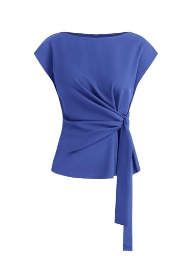 BTFBM Womens Tops Summer 2026 Cap Sleeve Crew Neck Tie Waist Blouses Dressy Casual Business Work Clothes Spring Fashion(Blue, Medium) - Image 1