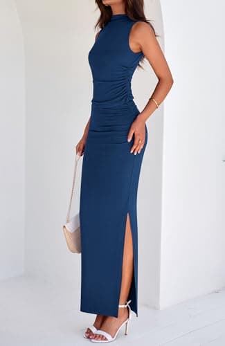 BTFBM Womens Two Piece Outfits Summer Lightweight 2026 Mock Neck Sleeveless Knit Tops Maxi Skirt Set Going Out Dress(Dark Blue, Small) - Thumbnail 4