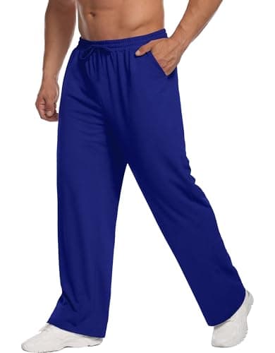 Deyeek Mens Baggy Sweatpants Wide Leg Gym Pants Open Bottom Sweatpants for Men Cotton Lounge Pants Blue Sweats with Pockets - Thumbnail 4