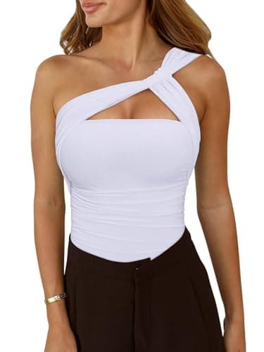 REORIA Womens Sexy One Shoulder Asymmetrical Tank Top Leopard Print Mesh Ruched Sleeveless Backless Trendy Going Out Thong Bodysuits Tops White X-Large - Thumbnail 4