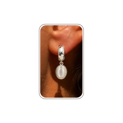Dangle Earrings for Women, Silver Drop Earrings with Oval Cat's Eye Stone, Silver Huggie Hoops, Wide Polished Hinged Hoop Cabochon Crystal Lightweight Tarnish Resistant Jewelry for Women - Image 1