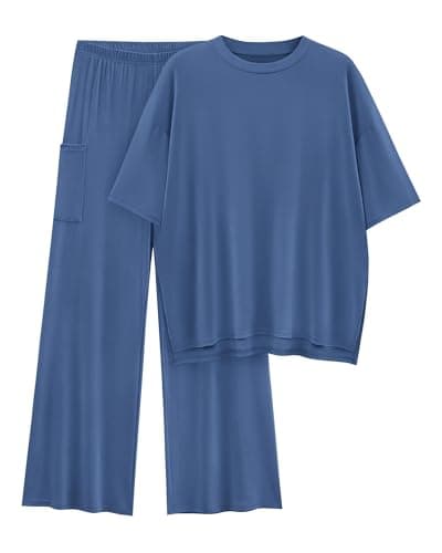 KIRUNDO 2 Piece Lounge Sets for Women Airport Travel Vacation Outfits Summer Casual Loose Short Sleeve Tops & Wide Leg Pants(Blue, Large) - Image 1
