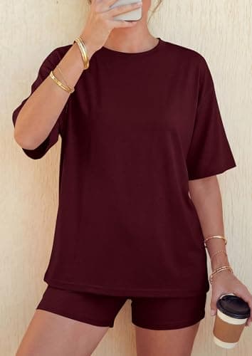 PRETTYGARDEN 2026 Women's Summer 2 Piece Sets Casual Lounge Set Short Sleeve Tops Shirts Shorts Travel Beach Vacation Outfits (Burgundy,X-Small) - Thumbnail 6