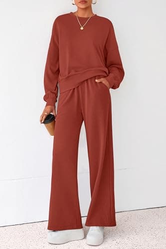 PRETTYGARDEN Women 2 Piece Outfits 2026 Fall Sweatsuits Crewneck Sweatshirt Wide Leg Sweatpants Lounge Sets Tracksuit(Brick Red,X-Small - Thumbnail 3