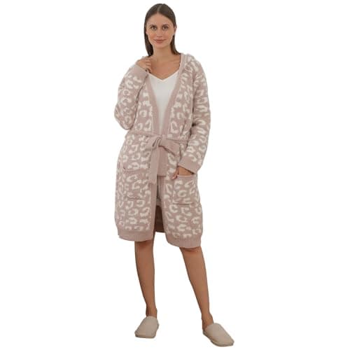 busy koala Soft Plush Hooded Robe, Cozy Warm Loungewear Large Bathrobe with Pockets for Women (White/Khaki) - Image 1