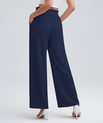 NILOUFO Casual Pants for Women Summer Lightweight Wide Leg Pants High Waisted Elastic Waist Tie Knot Trousers with Pockets(Navy Blue, Large) - Thumbnail 2