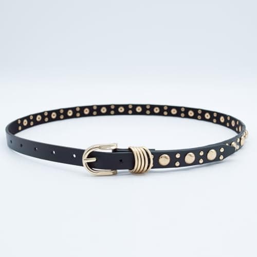 EONTISO Women Studded Leather Belt for Jeans, Punk Fashion Gold Rivets, Skinny Gold Black M - Thumbnail 4