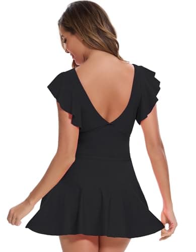 MFAVIP Women One Piece Swim Dress Tummy Control Swimsuits V Neck Ruffle Bathing Suit Cutout Sexy Wrap Side Tie with Skirt Black - Thumbnail 6