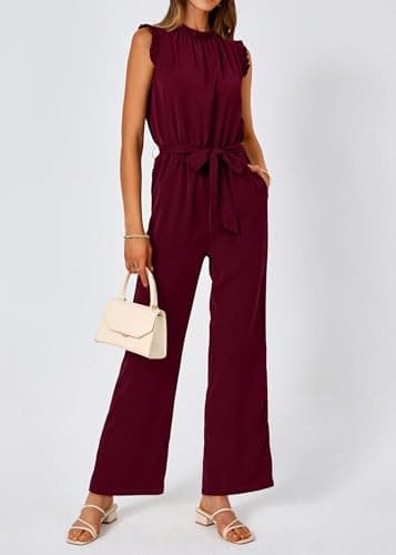 KIRUNDO Jumpsuits For Women Dressy Summer One Piece Sleeveless Ruffle Mock Neck Belt Pockets Formal Wide Leg Pants Romper(Wine Red, Large) - Thumbnail 5